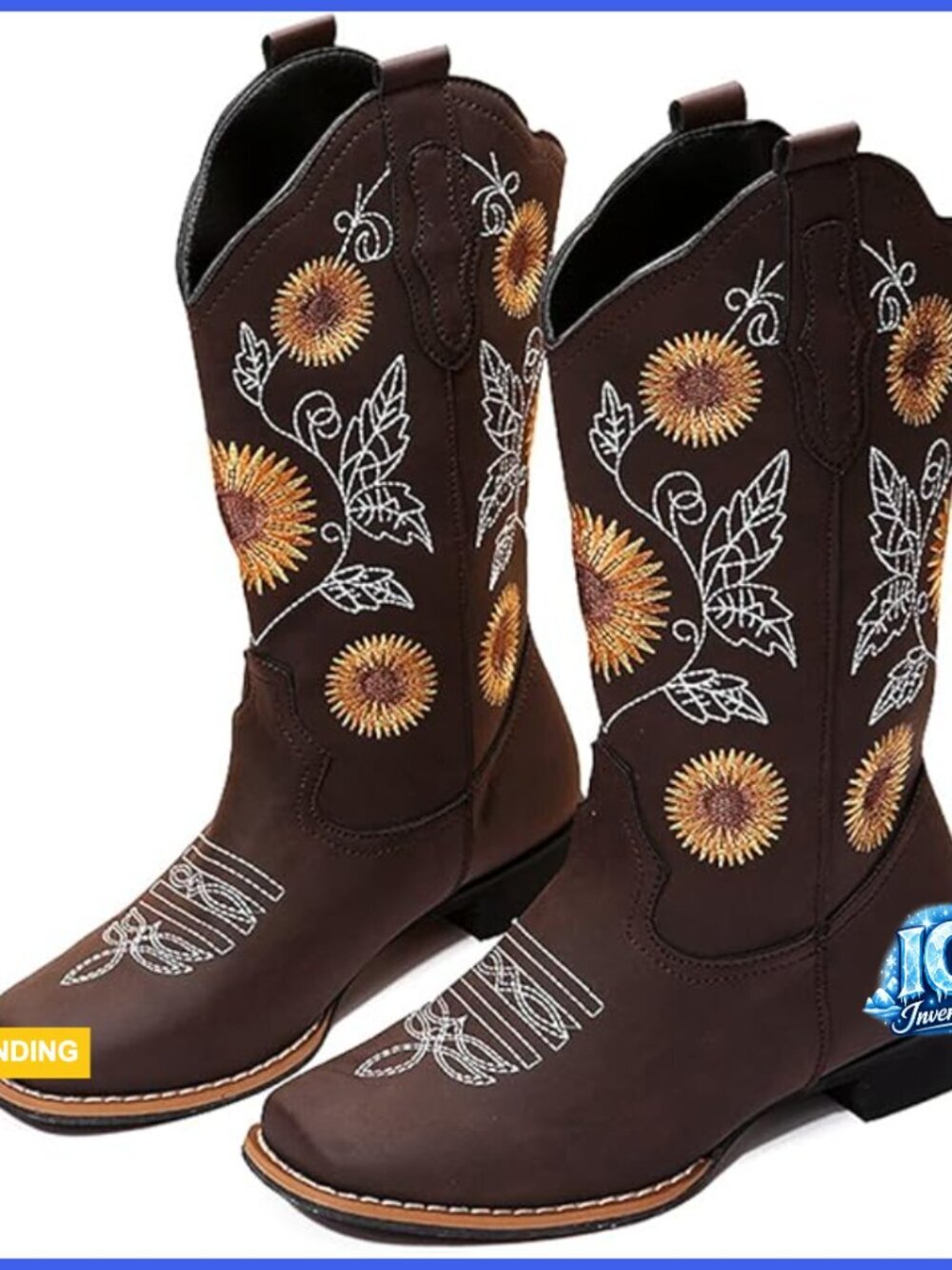 Western Boots with Sunflower Embroidery, Square Toe, Low Heel